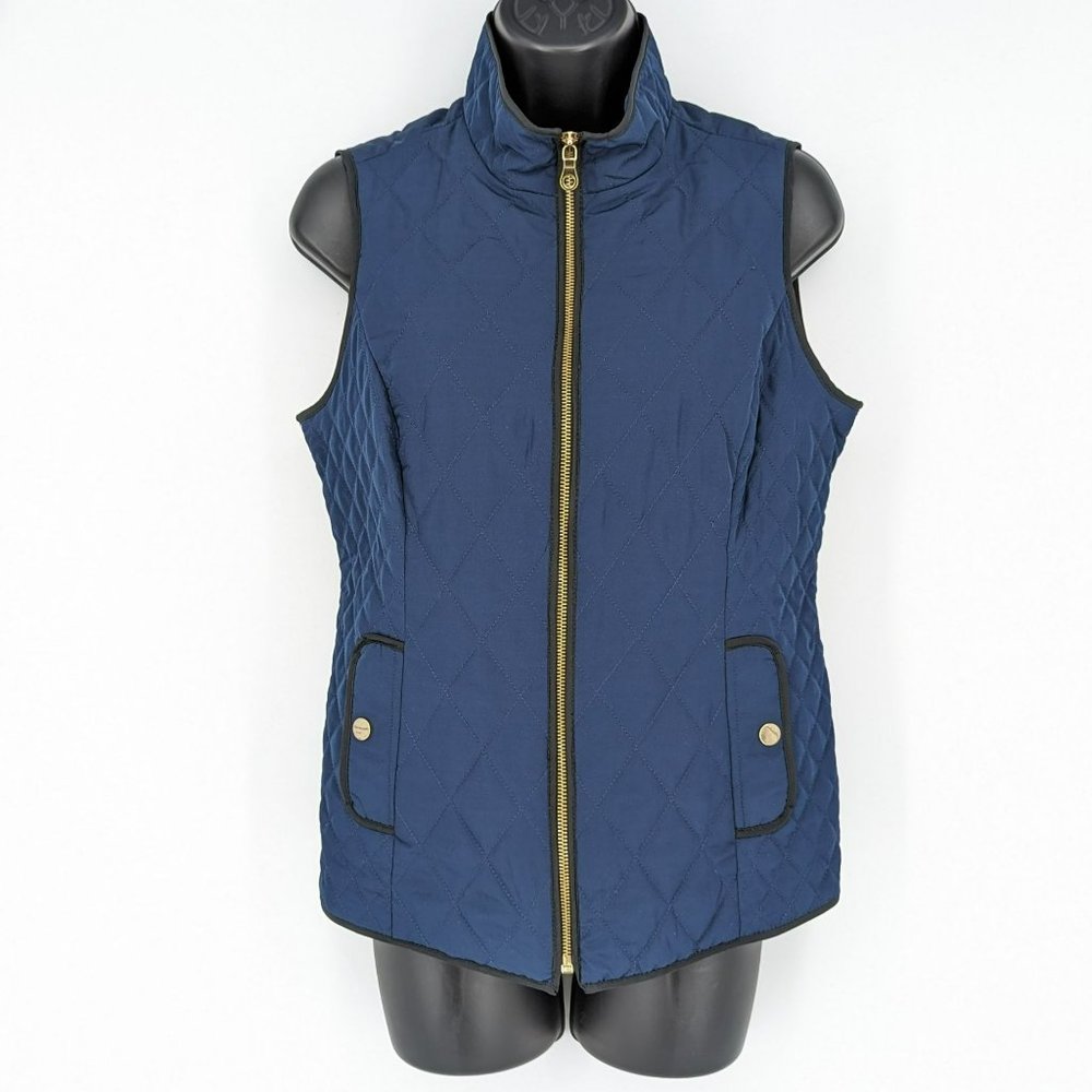 Charter Club Quilted Puffer Vest Petite S Navy Blue Black Gold Zip Elastic Back